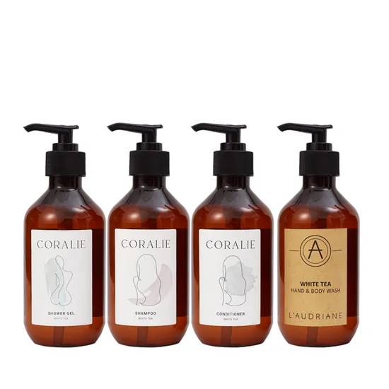 사용자 정의 로고 럭셔리 300ml 큰 병 호텔 욕실 용품 샤워 젤 샴푸 및 컨디셔너 키트